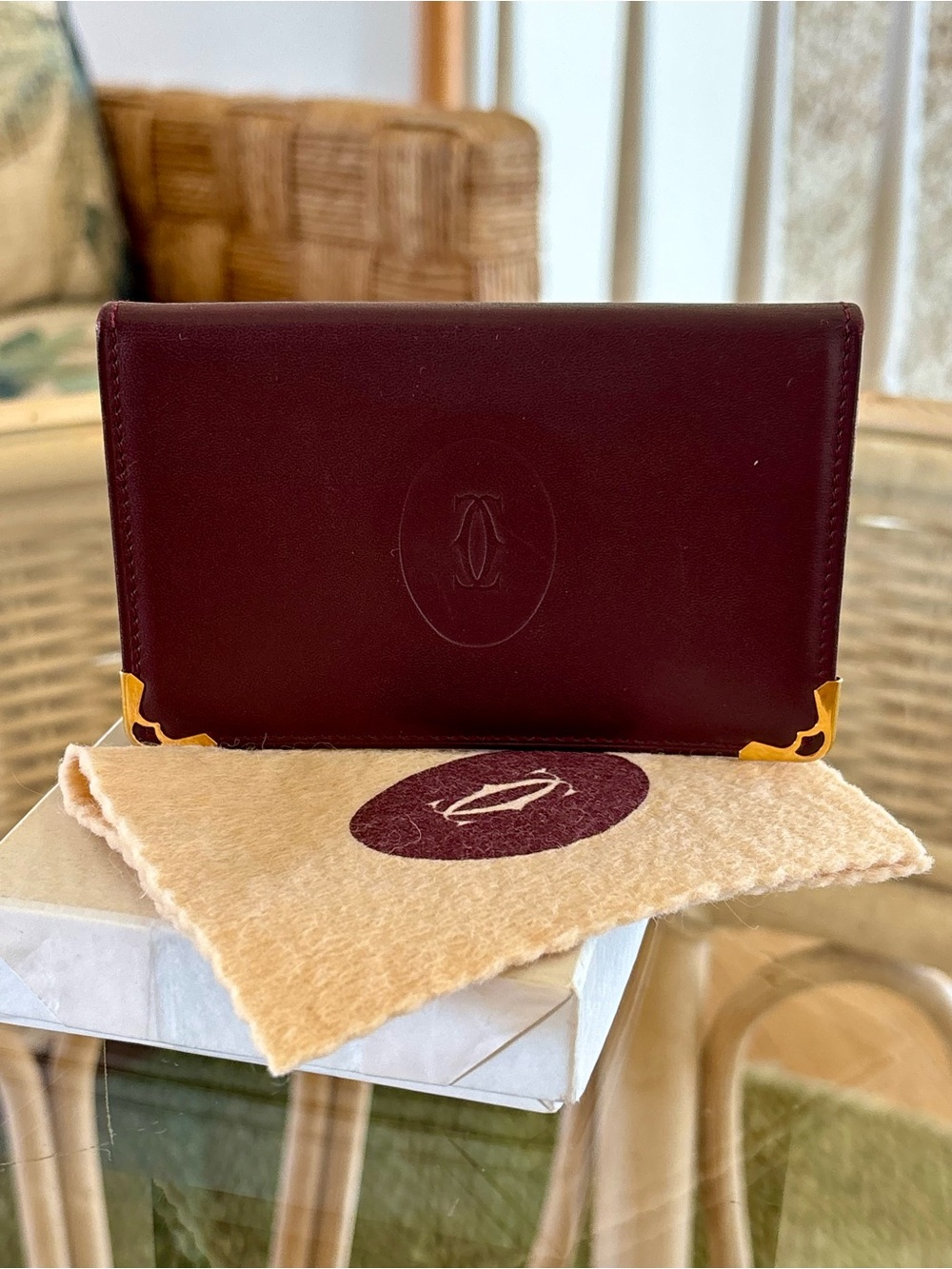 Vintage Must de Cartier Burgundy Leather ID Pass Case Wallet-Box, Card, Dusty